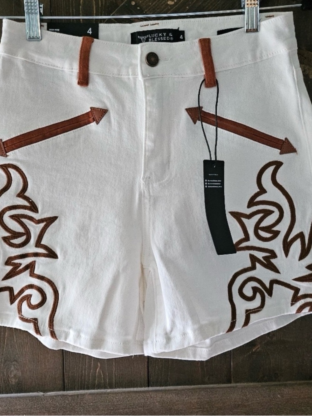 Lucky & Blessed White High-Waist Shorts with Brown Western Embroidery
